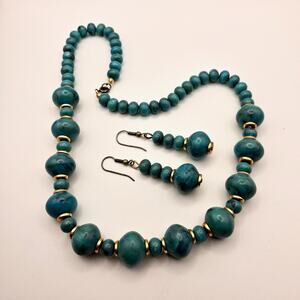 Vintage Turquoise Necklace Dangle Earrings Set 19" Marbled Teal Black Gold